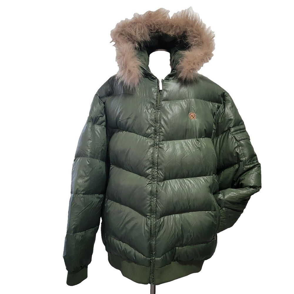 Vintage Rocawear Down Puffer 90s Jacket Mens 3XL Army Green Parka Fur Trim Y2K